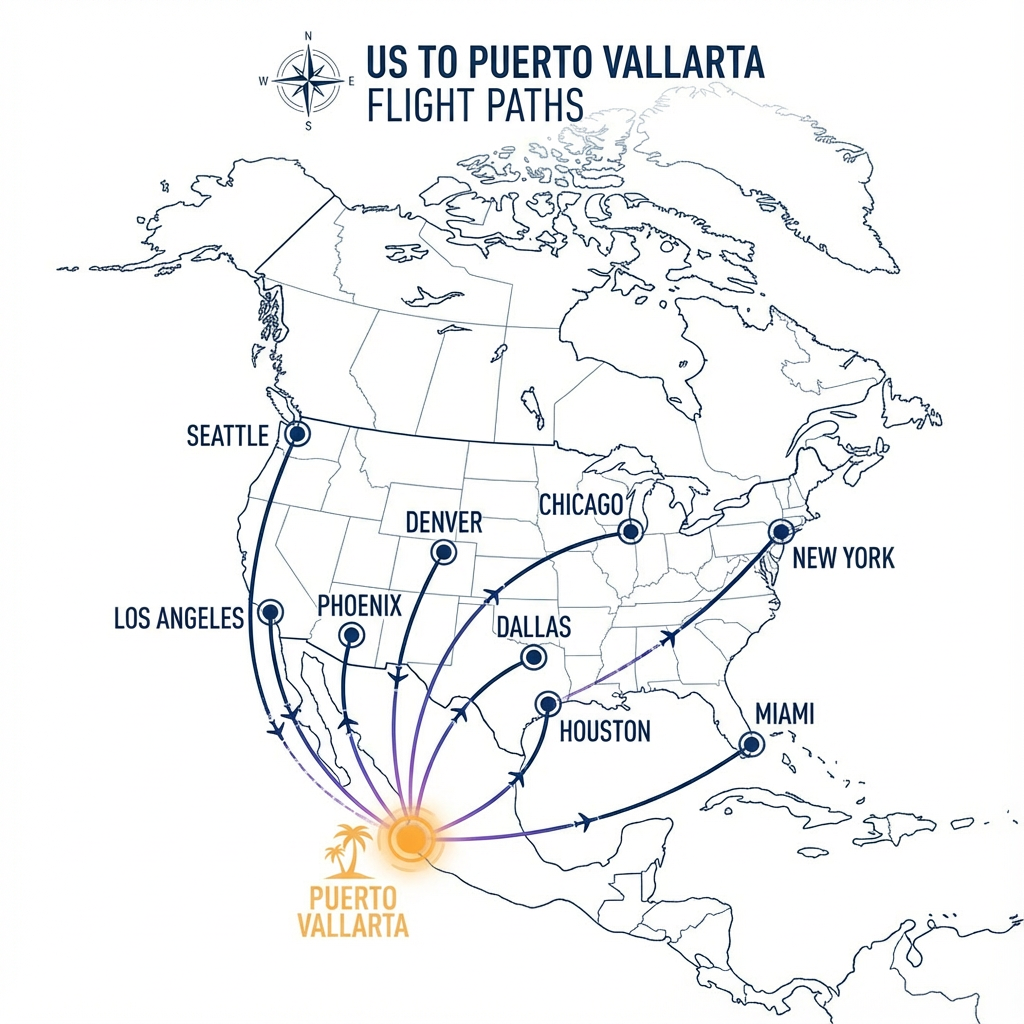 Flight routes map to Puerto Vallarta