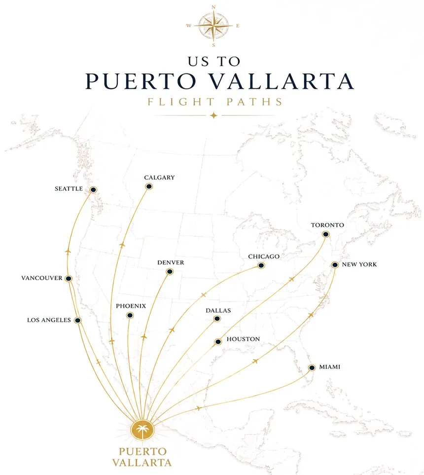 Flight routes map from US and Canadian cities to Puerto Vallarta