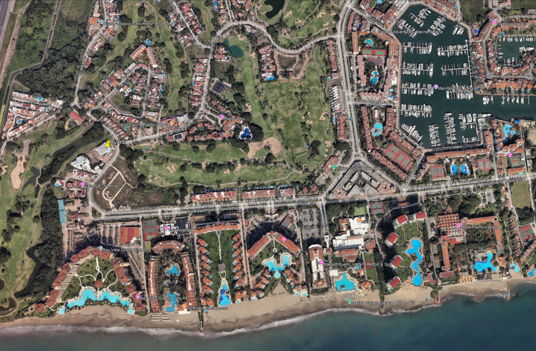 Marina Vallarta area map showing Avanti and surrounding amenities