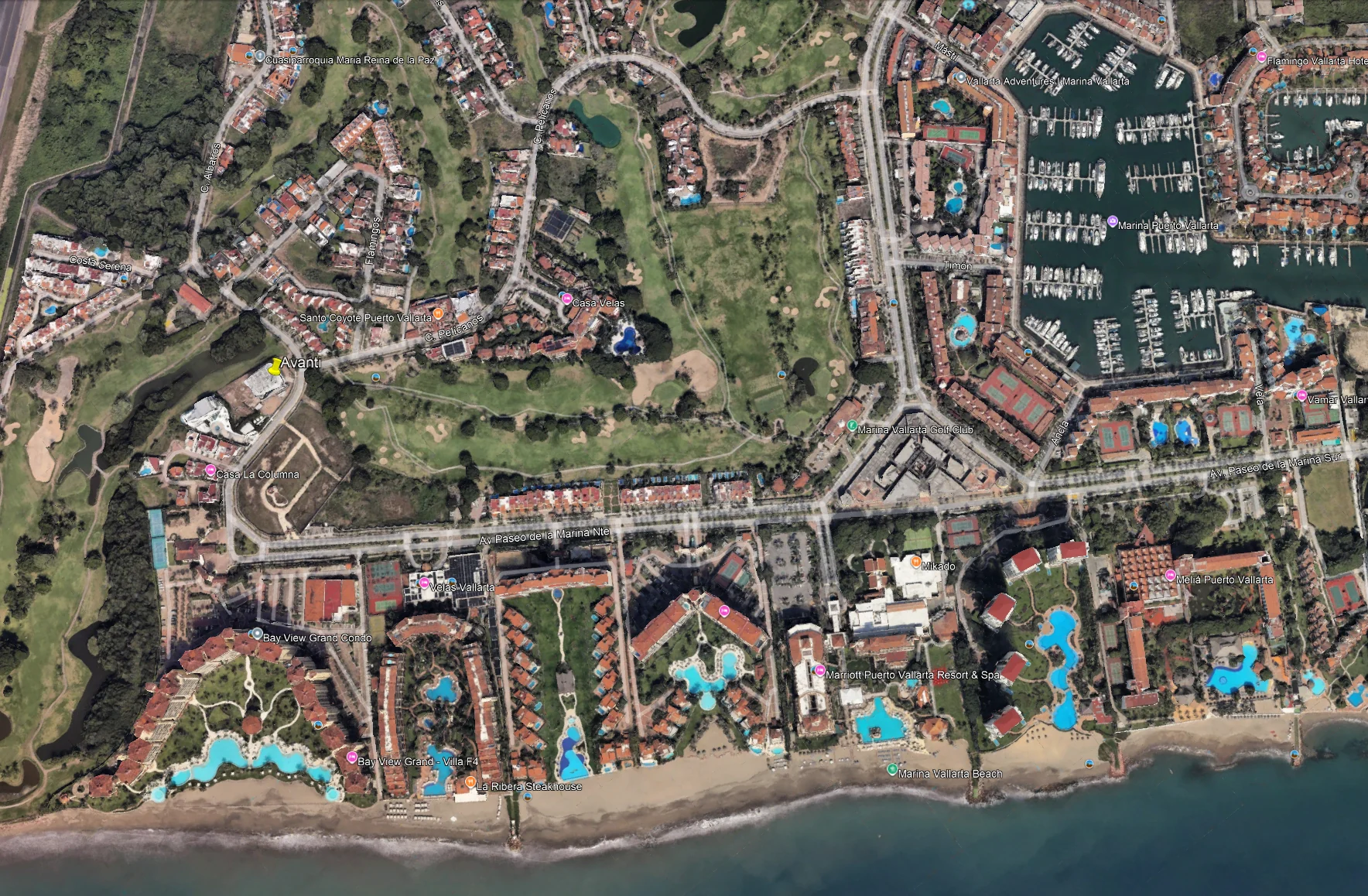 Marina Vallarta area map showing Avanti and surrounding amenities